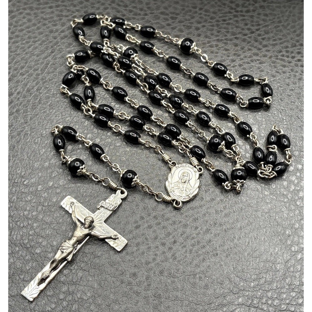 VTG Creed Sterling Silver Black Rosary Bead Necklace Crucifix Cross Pendant
